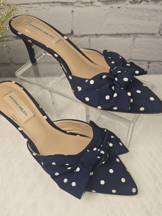 ANTONIO MELANI Shoes - ANTONIO MELANI Navy with White Polka Dot Bow Pointed-Toe Mule Heels WOMENS 9